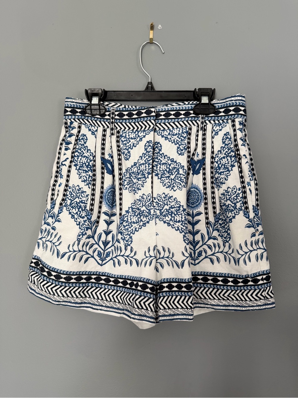 High-Waist Blue & White Printed Bermuda Shorts